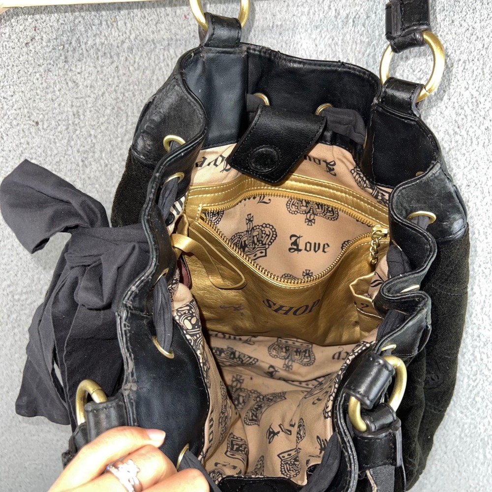Juicy Couture Daydreamer Olive Velour Leather Bow Shoulder Bag Y2K Crown Crest - Picture 6 of 16
